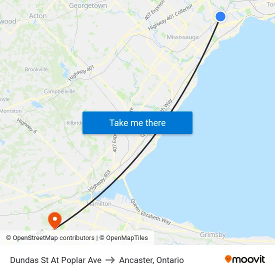 Dundas St At Poplar Ave to Ancaster, Ontario map