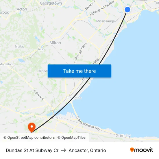 Dundas St At Subway Cr to Ancaster, Ontario map