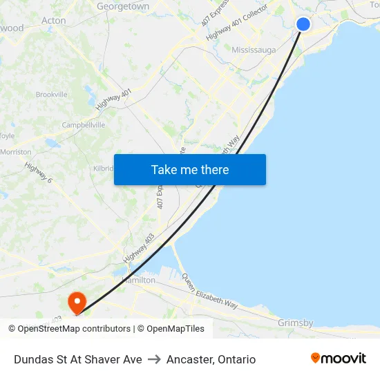 Dundas St At Shaver Ave to Ancaster, Ontario map
