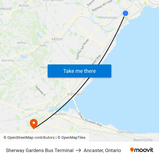 Sherway Gardens Bus Terminal to Ancaster, Ontario map