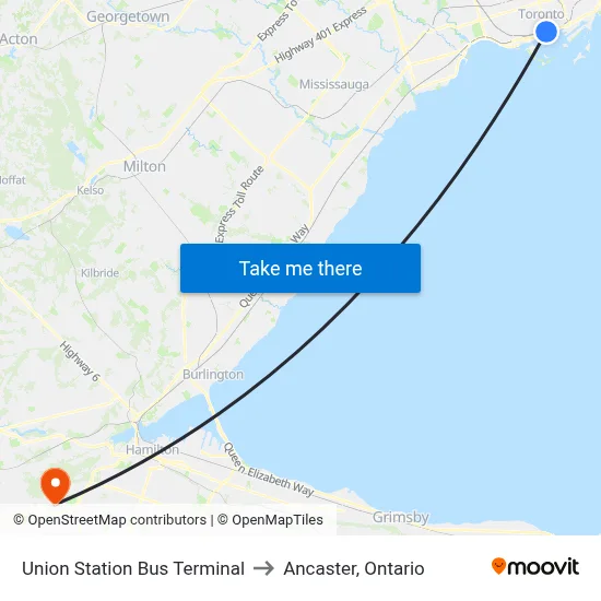 Union Station Bus Terminal to Ancaster, Ontario map