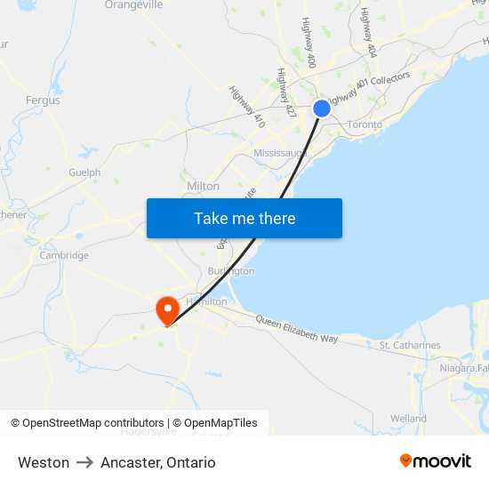 Weston to Ancaster, Ontario map