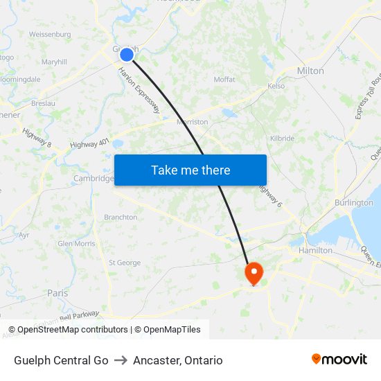 Guelph Central Go to Ancaster, Ontario map