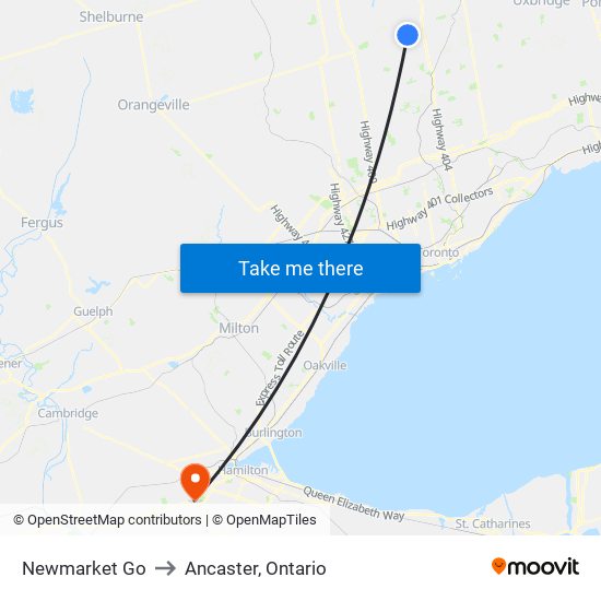 Newmarket Go to Ancaster, Ontario map