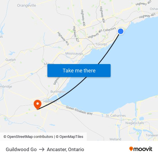 Guildwood Go to Ancaster, Ontario map