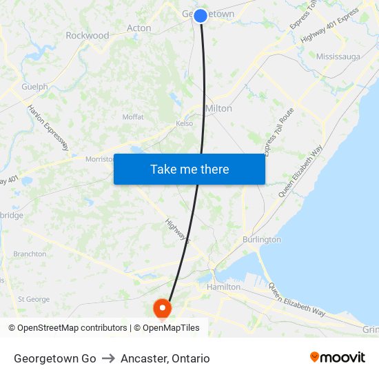 Georgetown Go to Ancaster, Ontario map