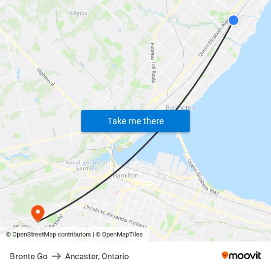 Bronte Go to Ancaster, Ontario map