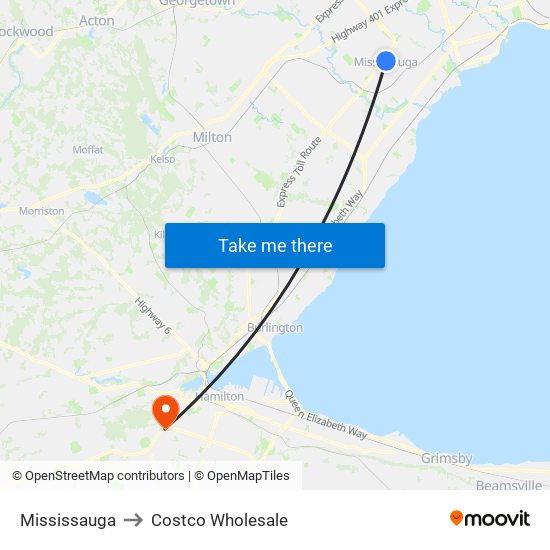 Mississauga to Costco Wholesale map
