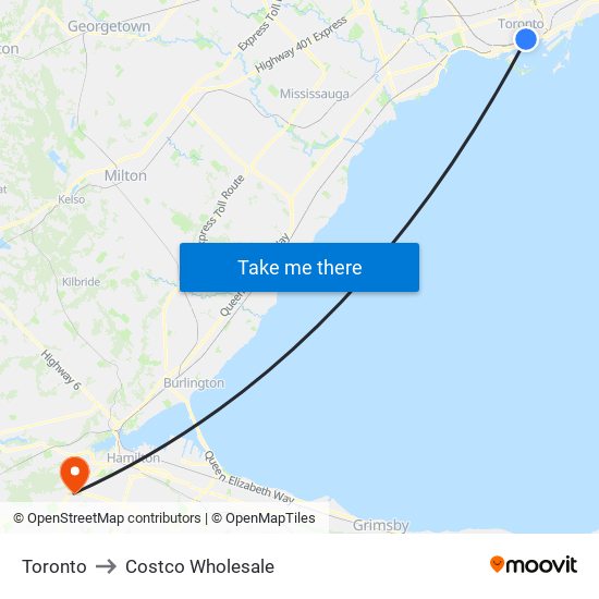 Toronto to Costco Wholesale map