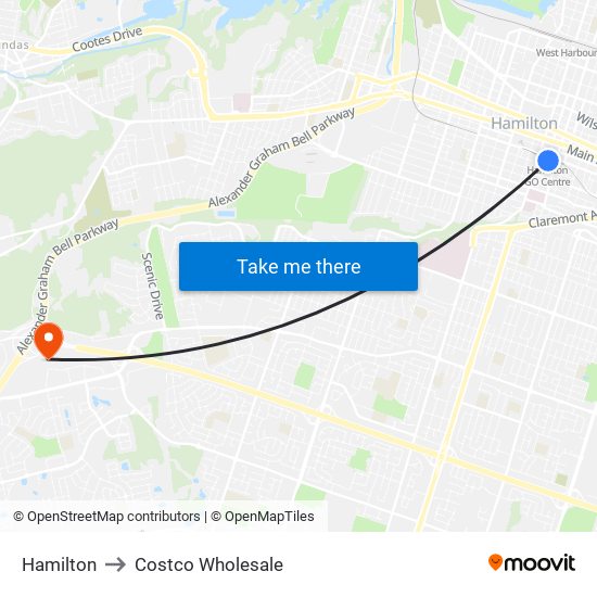 Hamilton to Costco Wholesale map