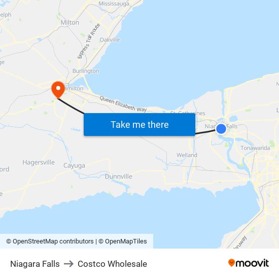 Niagara Falls to Costco Wholesale map