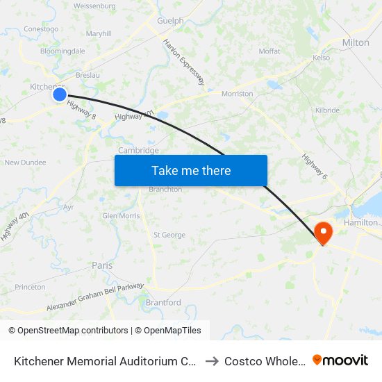 Kitchener Memorial Auditorium Complex to Costco Wholesale map