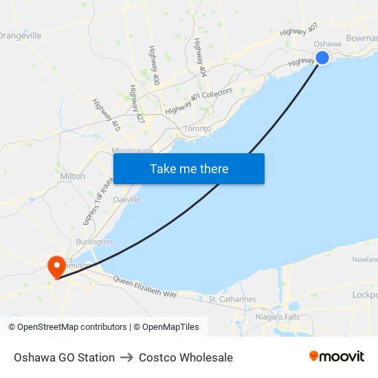 Oshawa GO Station to Costco Wholesale map