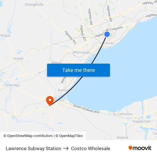 Lawrence Subway Station to Costco Wholesale map