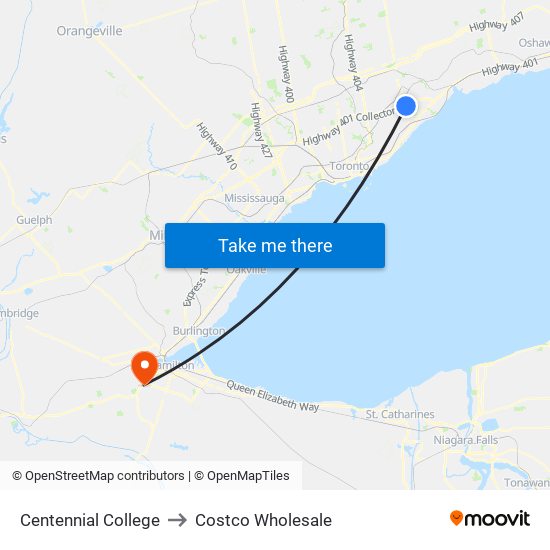 Centennial College to Costco Wholesale map