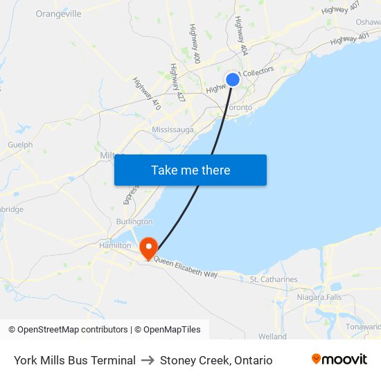 York Mills Bus Terminal to Stoney Creek, Ontario map