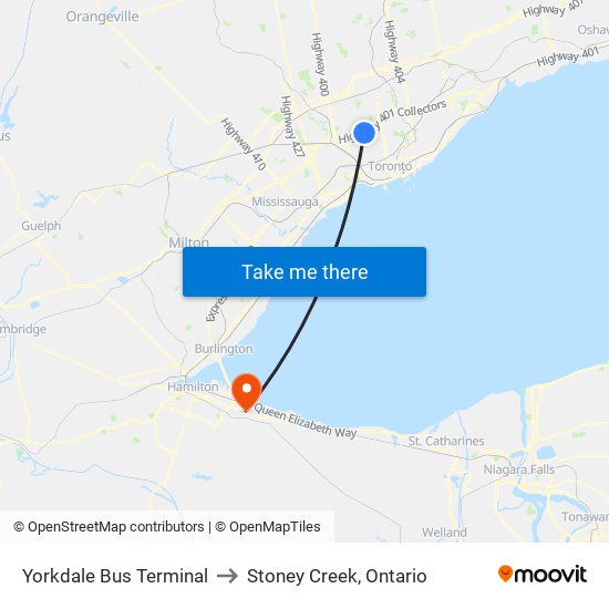 Yorkdale Bus Terminal to Stoney Creek, Ontario map
