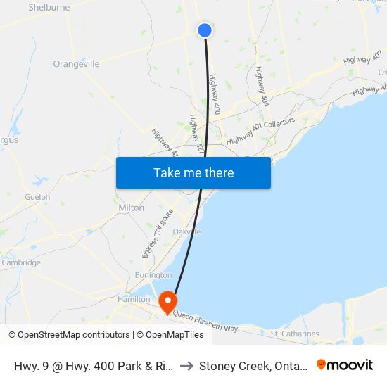 Hwy. 9 @ Hwy. 400 Park & Ride to Stoney Creek, Ontario map