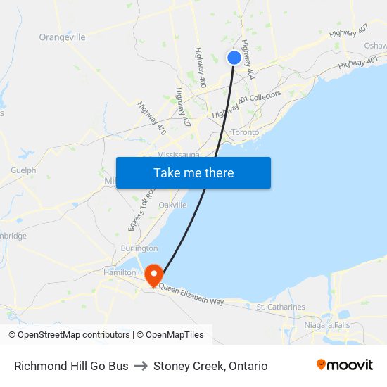 Richmond Hill Go Bus to Stoney Creek, Ontario map