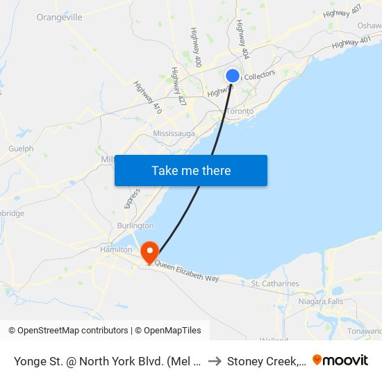 Yonge St. @ North York Blvd. (Mel Lastman Square) to Stoney Creek, Ontario map