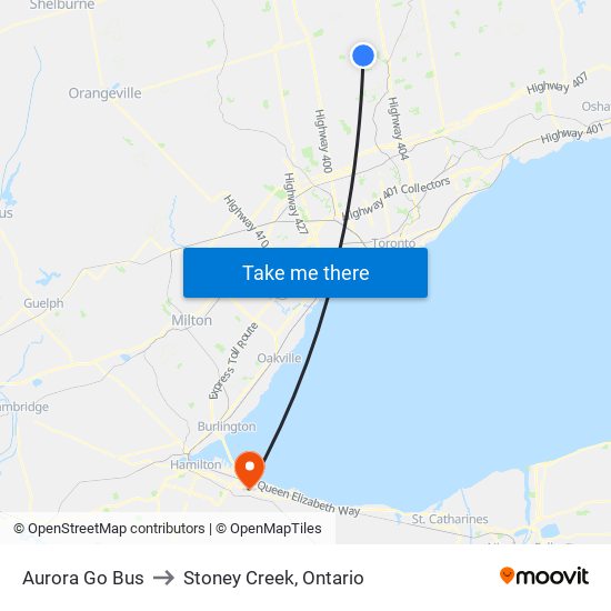 Aurora Go Bus to Stoney Creek, Ontario map