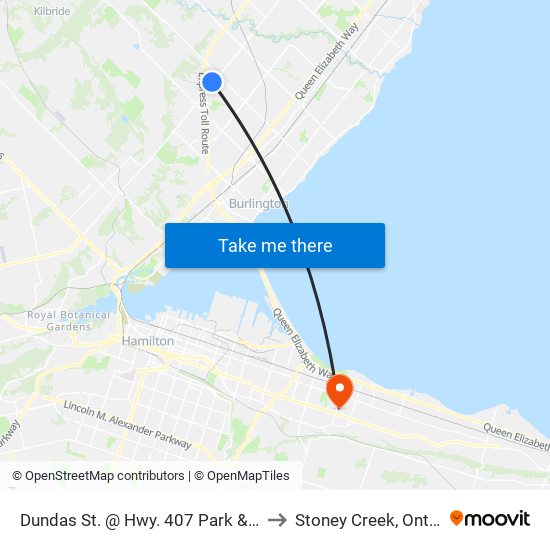Dundas St. @ Hwy. 407 Park & Ride to Stoney Creek, Ontario map