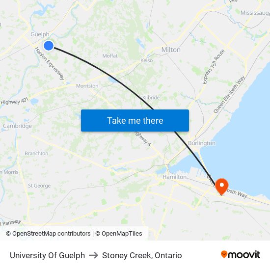 University Of Guelph to Stoney Creek, Ontario map