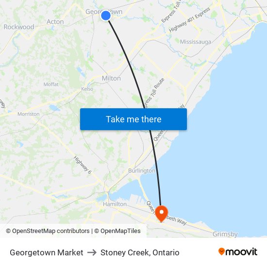 Georgetown Market to Stoney Creek, Ontario map