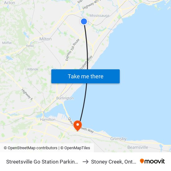 Streetsville Go Station Parking Lot to Stoney Creek, Ontario map