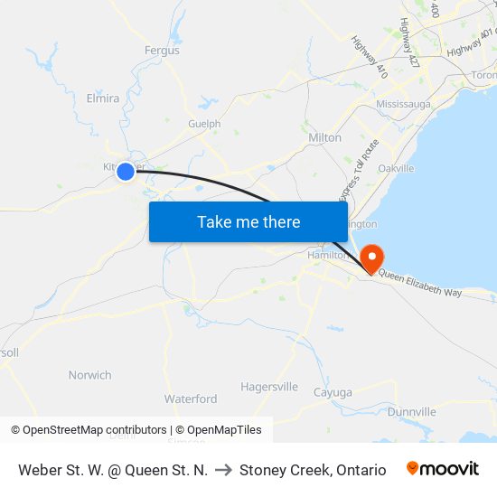 Weber St. W. @ Queen St. N. to Stoney Creek, Ontario map