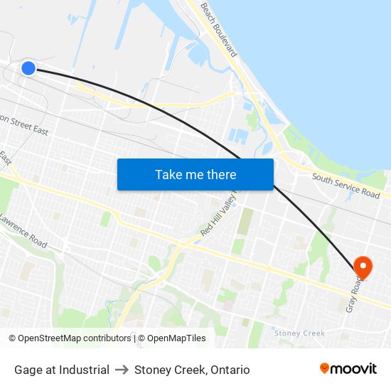 Gage at Industrial to Stoney Creek, Ontario map