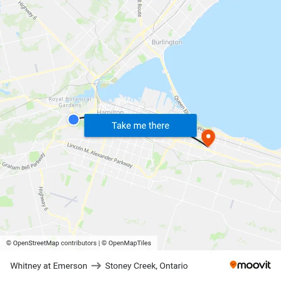 Whitney at Emerson to Stoney Creek, Ontario map