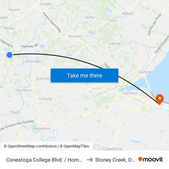 Conestoga College Blvd. / Homer Watson to Stoney Creek, Ontario map