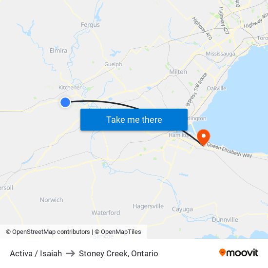 Activa / Isaiah to Stoney Creek, Ontario map