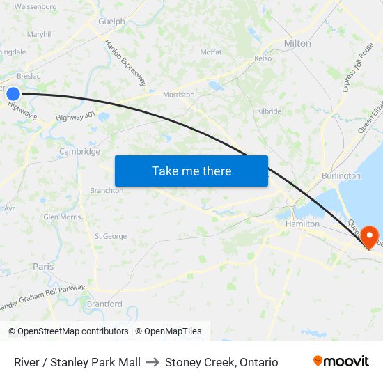 River / Stanley Park Mall to Stoney Creek, Ontario map