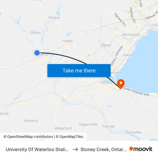 University Of Waterloo Station to Stoney Creek, Ontario map