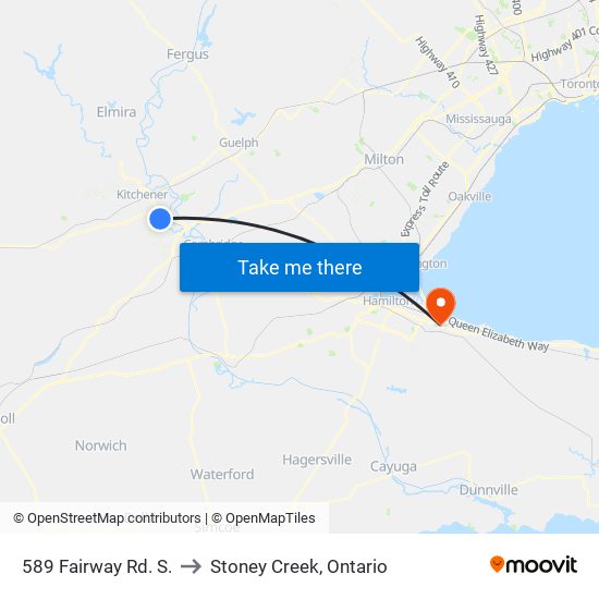 589 Fairway Rd. S. to Stoney Creek, Ontario map