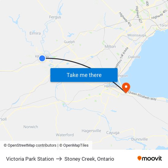 Victoria Park Station to Stoney Creek, Ontario map