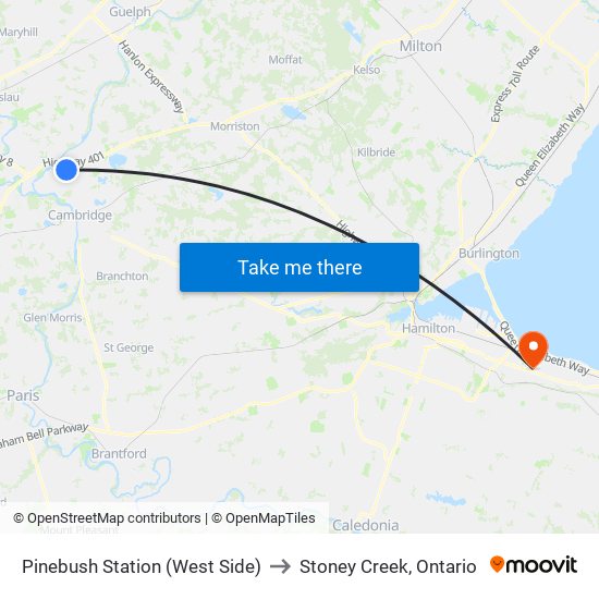 Pinebush Station (West Side) to Stoney Creek, Ontario map