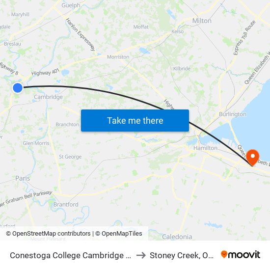 Conestoga College Cambridge Campus to Stoney Creek, Ontario map