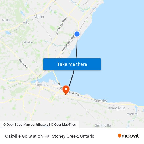 Oakville Go Station to Stoney Creek, Ontario map