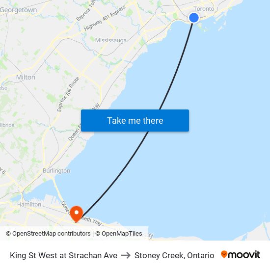 King St West at Strachan Ave to Stoney Creek, Ontario map