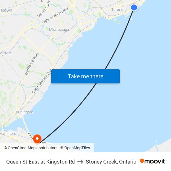 Queen St East at Kingston Rd to Stoney Creek, Ontario map
