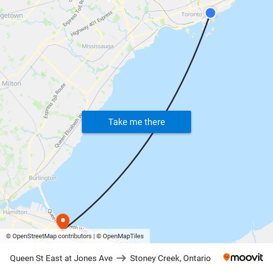 Queen St East at Jones Ave to Stoney Creek, Ontario map