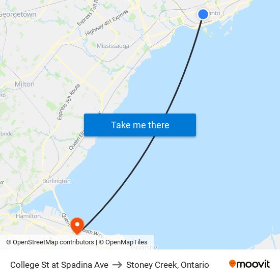 College St at Spadina Ave to Stoney Creek, Ontario map