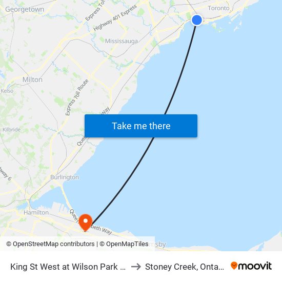 King St West at Wilson Park Rd to Stoney Creek, Ontario map
