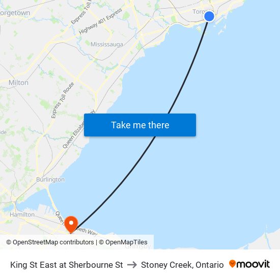 King St East at Sherbourne St to Stoney Creek, Ontario map