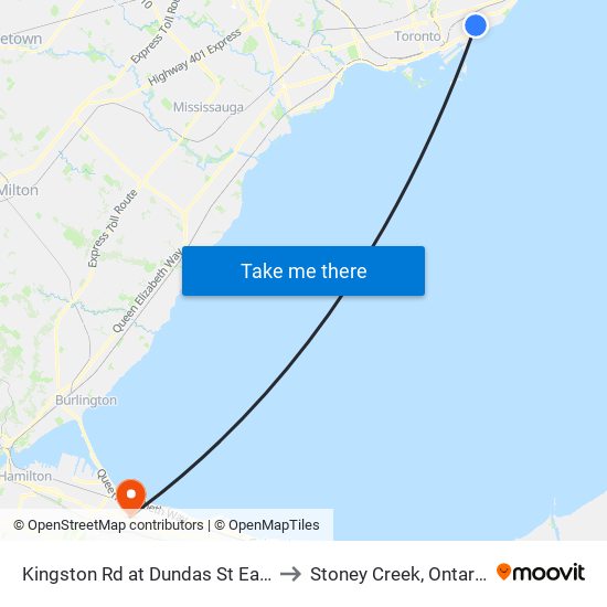 Kingston Rd at Dundas St East to Stoney Creek, Ontario map