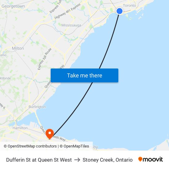 Dufferin St at Queen St West to Stoney Creek, Ontario map