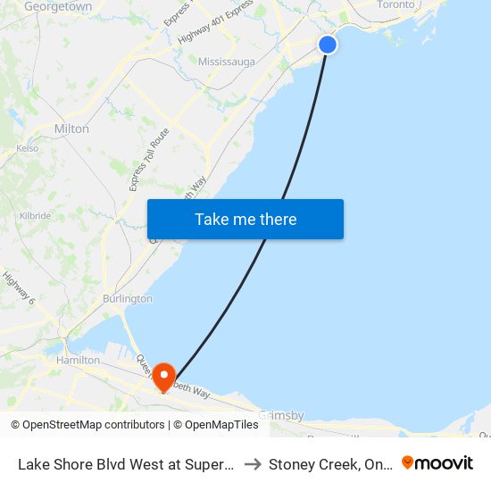Lake Shore Blvd West at Superior Ave to Stoney Creek, Ontario map